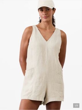 Athleta Beige Linen Big Pockets Coastal Romper